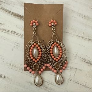 Boho Gold toned Earrings-Peach and pearl accents-Pierced-NWT
